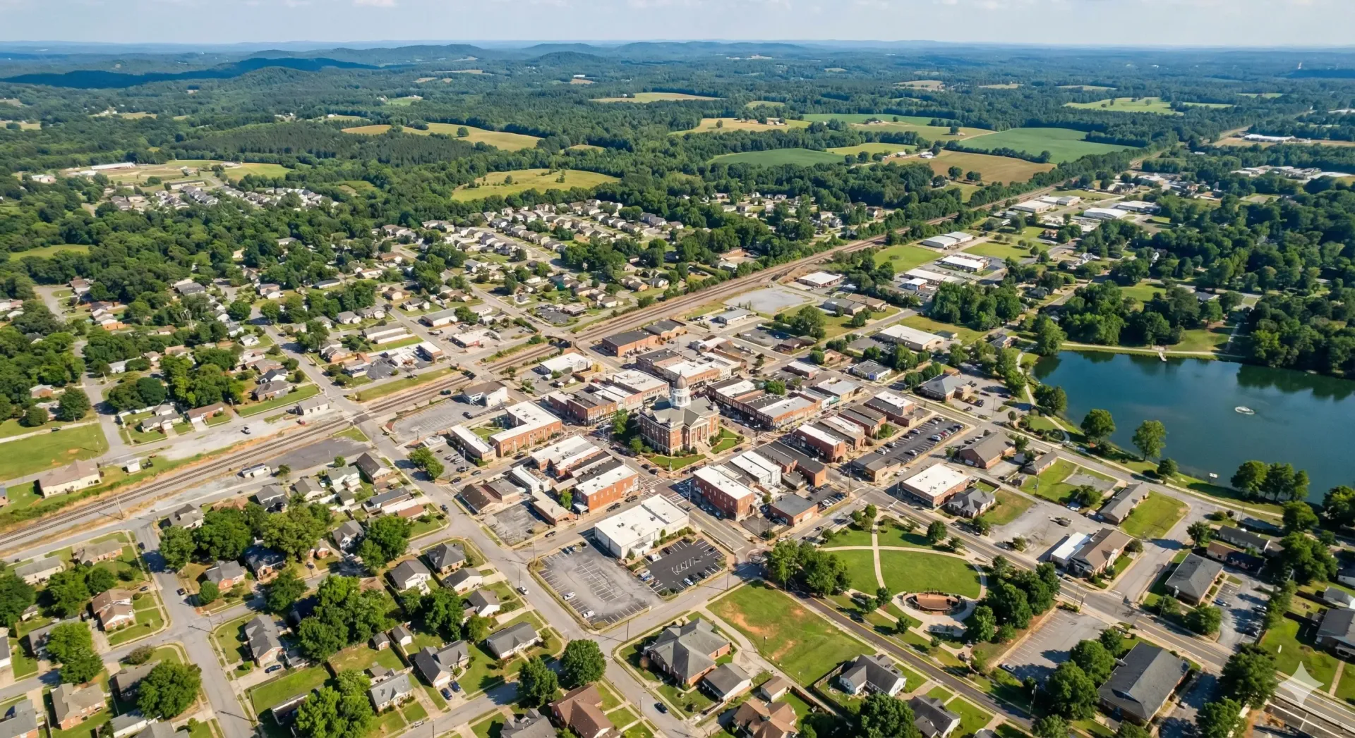 Aerial view of a town with buildings, a lake, trees, and roads under a blue sky.