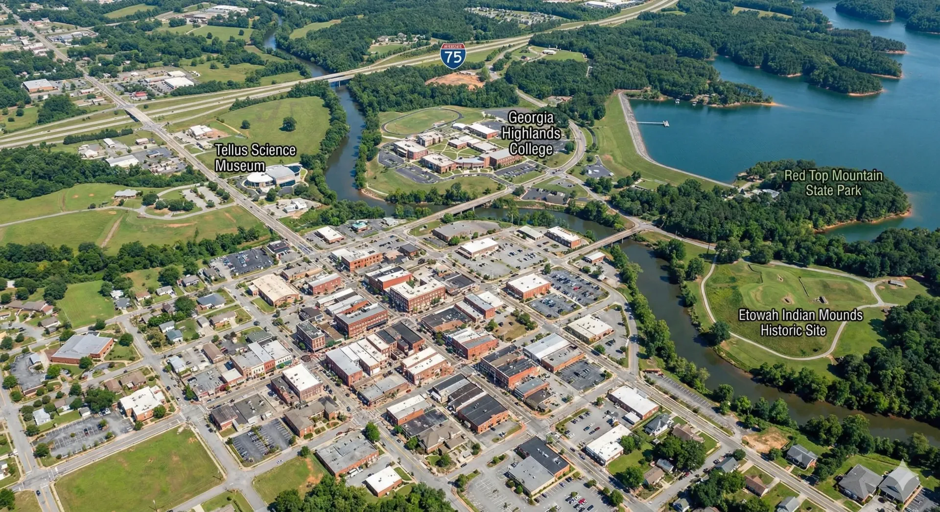 Aerial view of a town with buildings, a river, and a lake. Green spaces surround the structures.
