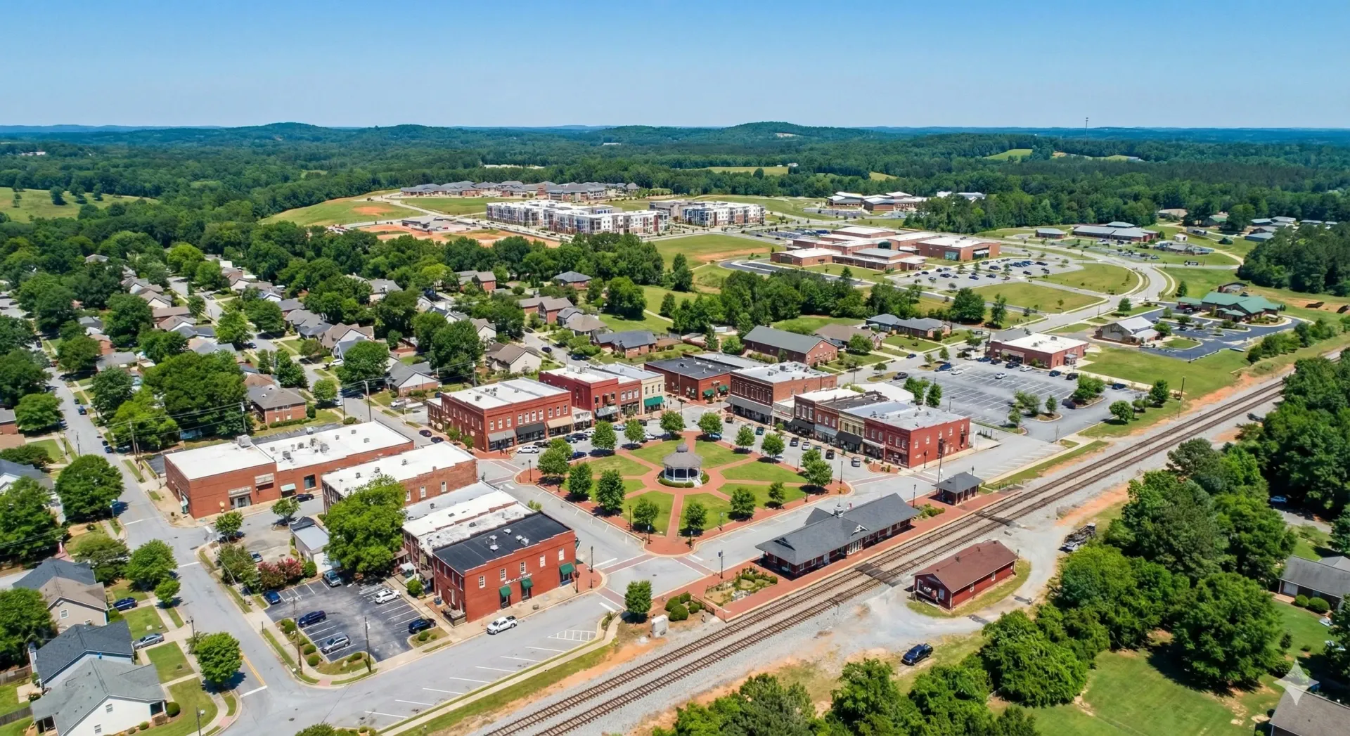 Aerial view of a small town with red brick buildings, green park, railroad tracks, and surrounding trees under a blue sky.