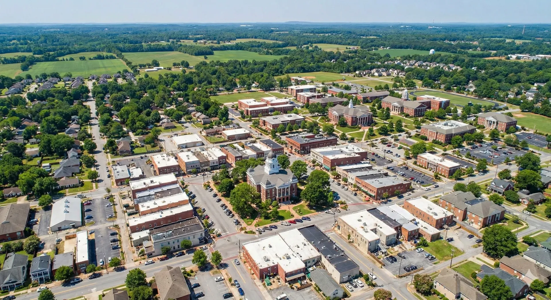 Aerial view of a town with brick buildings, trees, and green fields under a blue sky.