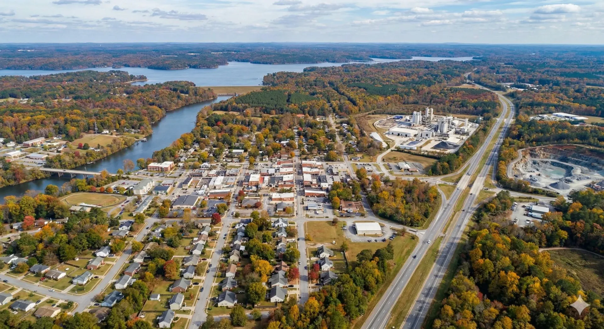 Aerial view of town with buildings, river, and highway, surrounded by fall foliage.