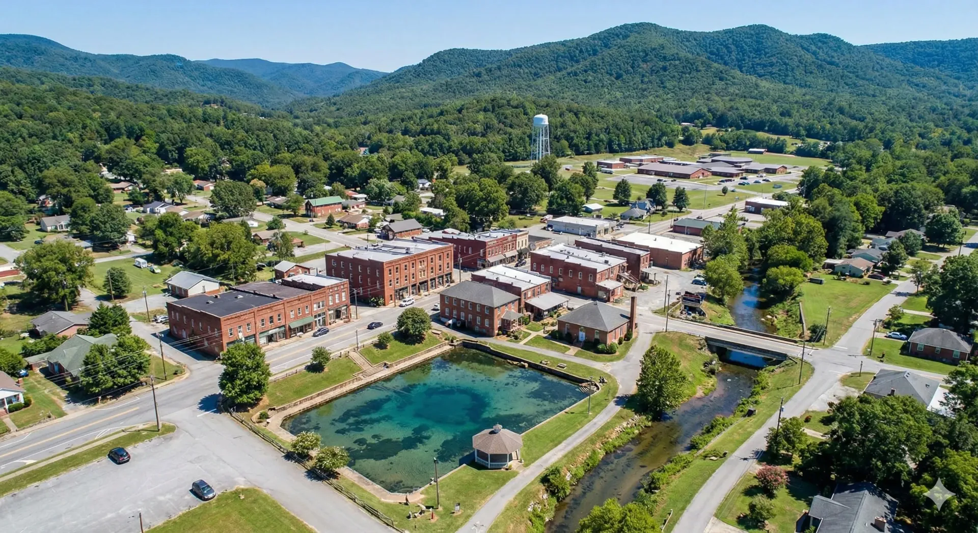 Aerial view of a town with brick buildings, a clear spring pool, a river, and surrounding green trees and hills.