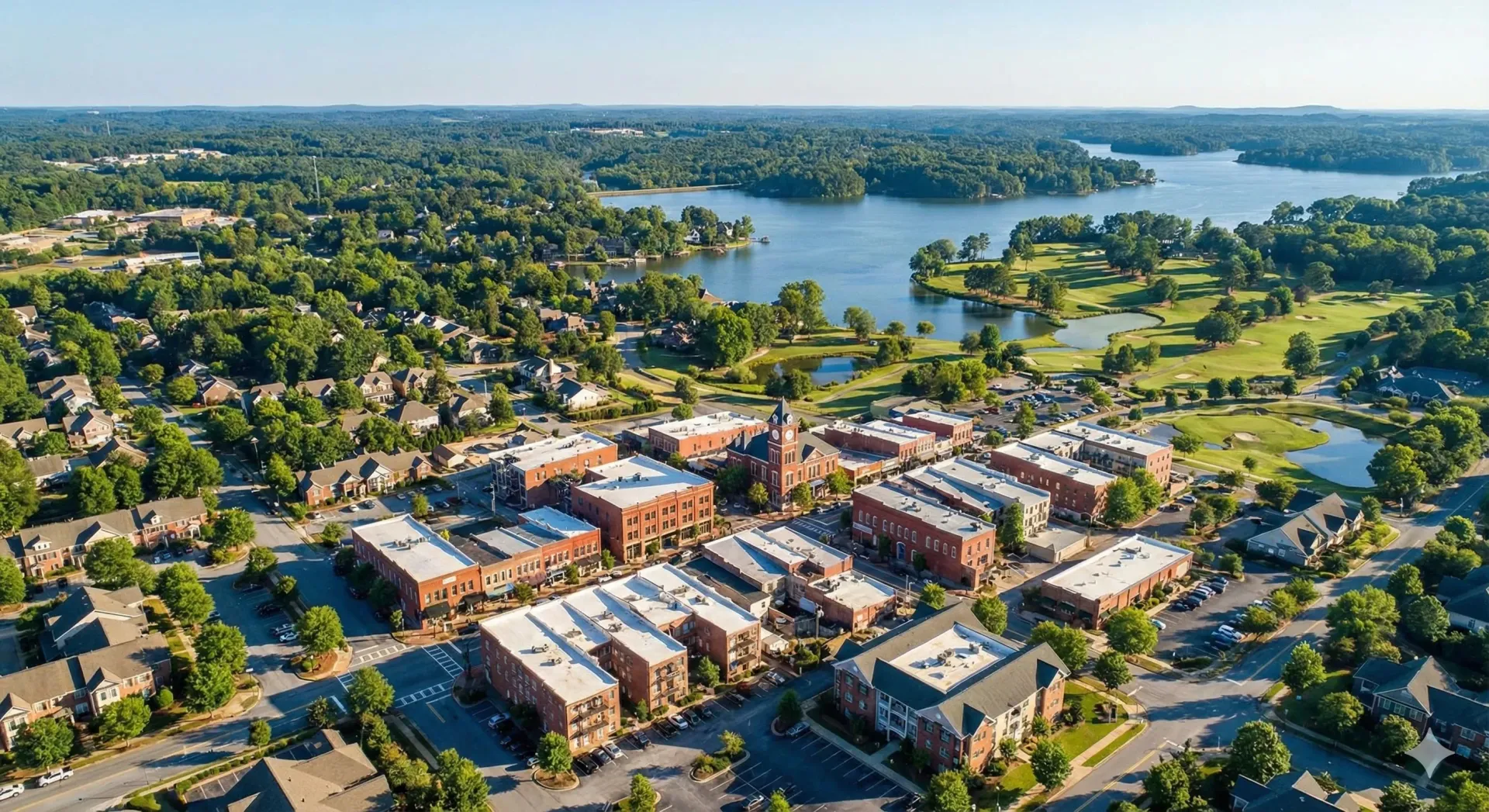 Aerial view of a town square with brick buildings near a lake and green golf course.