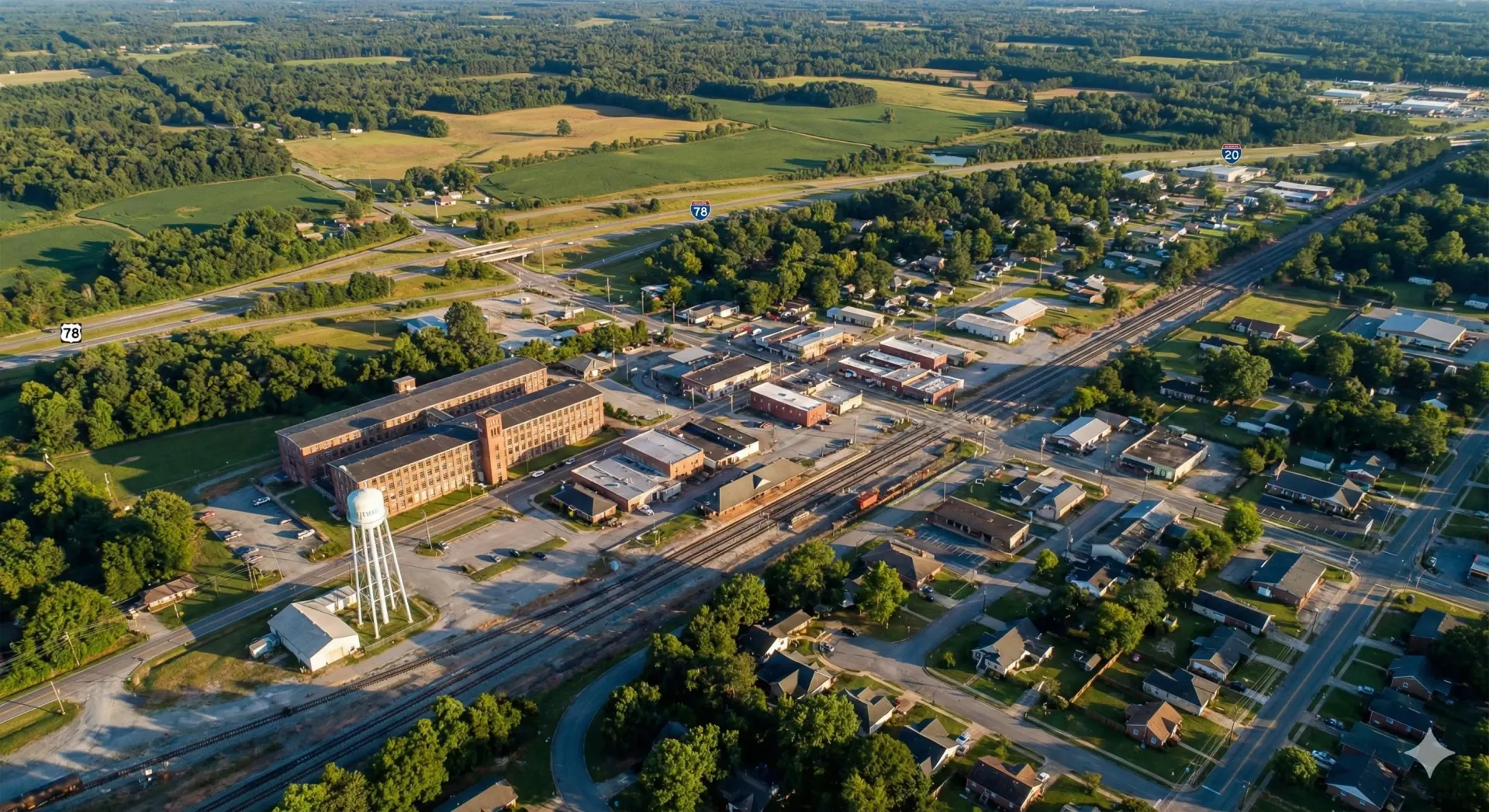 Aerial view of a town with buildings, railroad tracks, and trees under a sunny sky.