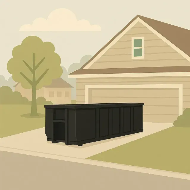 Black dumpster on a driveway in front of a house, possibly for a cleanup or renovation project.