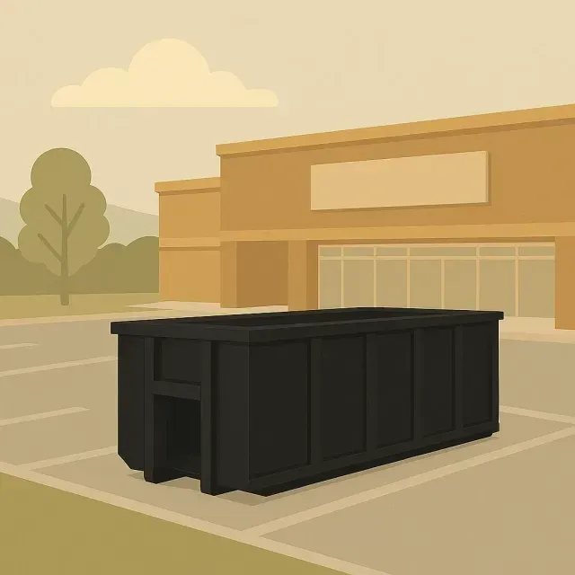 Black dumpster in a parking lot, in front of a tan retail building, under a cloudy sky.
