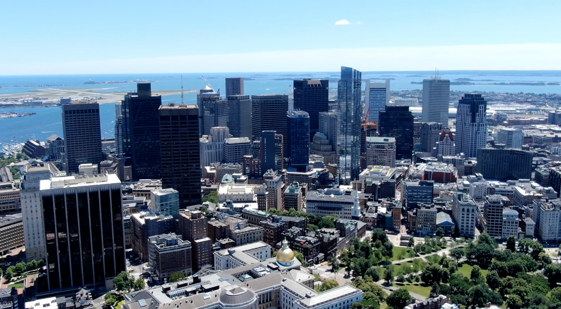 An aerial view of a city with lots of buildings and trees