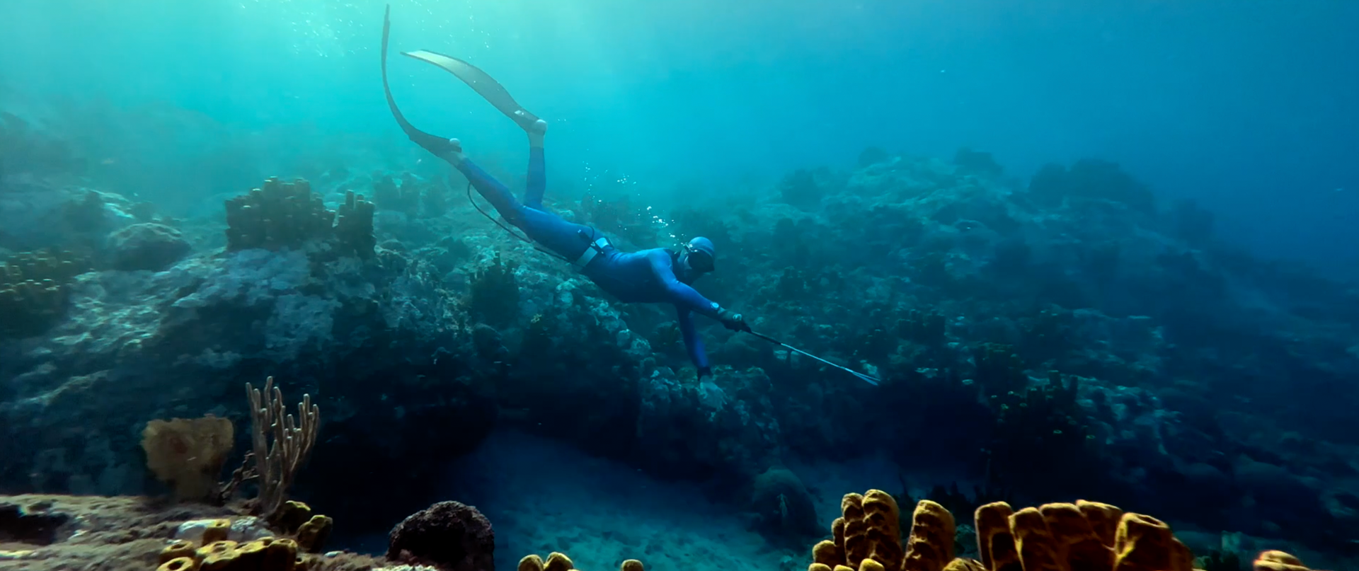A person is swimming in the ocean near a coral reef.