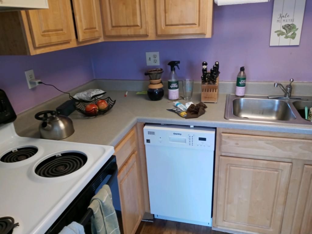 Kitchen countertop with stove, sink, dishwasher, and wooden cabinets against a purple wall.