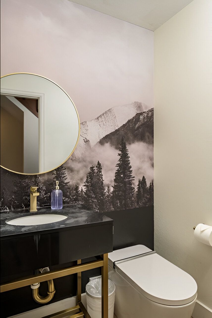 Small bathroom with mountain mural, round mirror, black vanity, and white toilet.