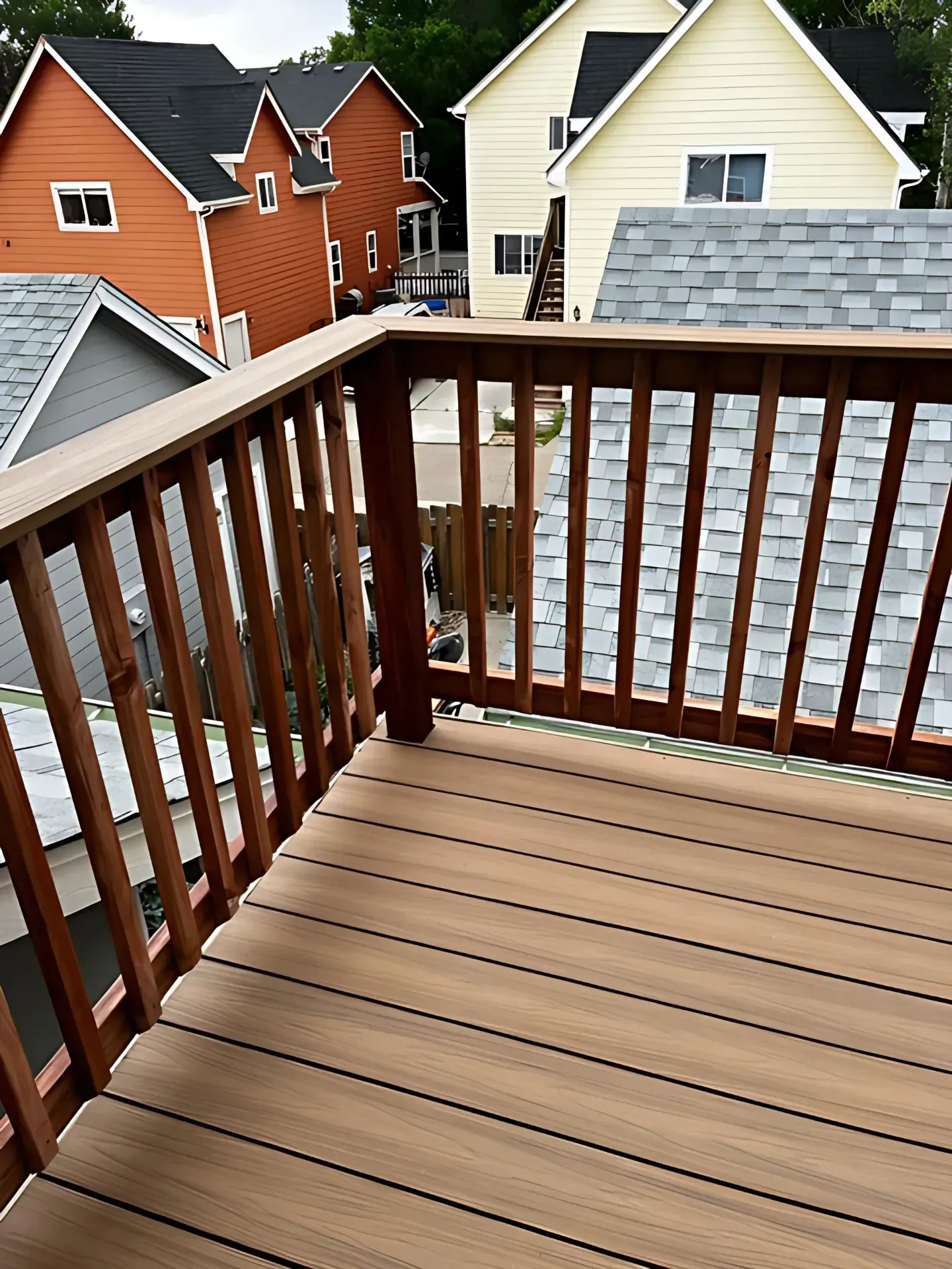 Balcony deck with brown railing overlooking neighboring houses and gray shingled roofs