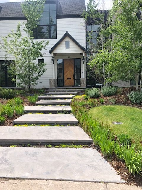 Modern house entrance with stone walkway, steps, and landscaped front yard