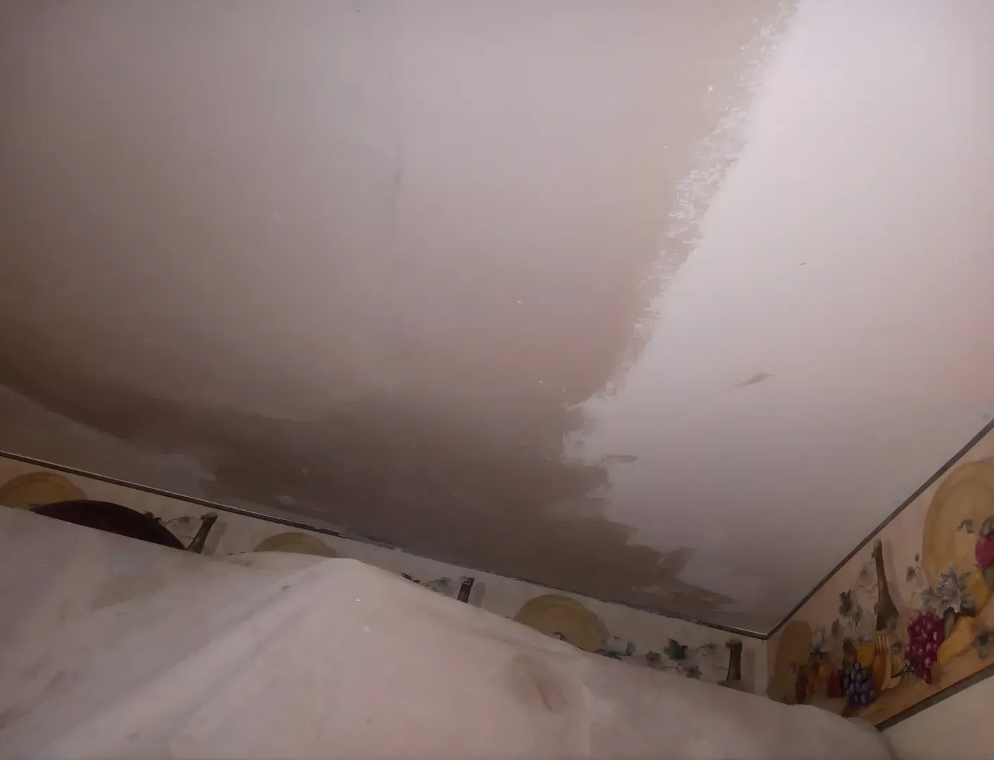 Water-stained ceiling with peeling paint above a bed in a small bedroom.