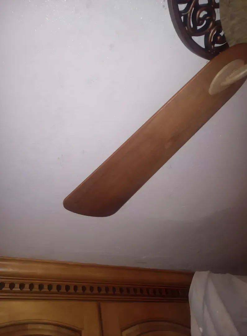 Wooden ceiling fan blade and ornate crown molding against a white ceiling.