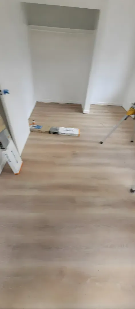 Empty room with light wood flooring and a small box on the floor near the back wall.