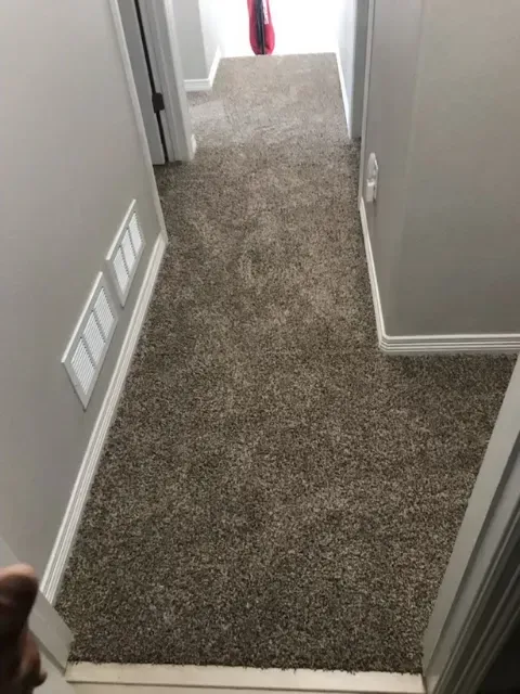 Carpeted hallway with gray walls, white trim, and a doorway at the end.