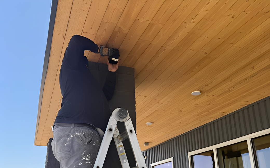 Worker on a ladder installing a black panel under a wooden overhang.