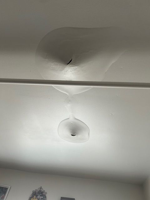 Ceiling with two bulging, torn spots along a seam, suggesting water damage