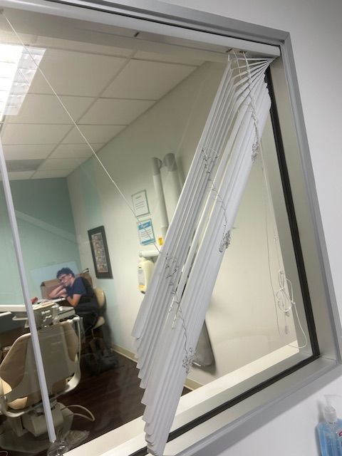 Office view through open blinds to a person sitting at a desk in a blue-walled room