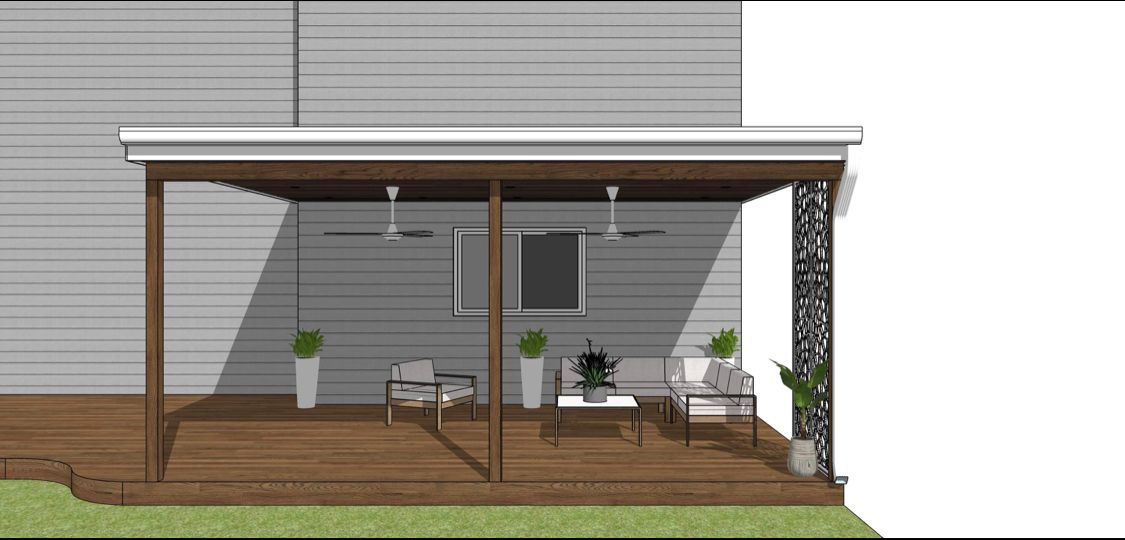 Modern covered patio with wooden deck, seating, plants, and a slatted privacy screen