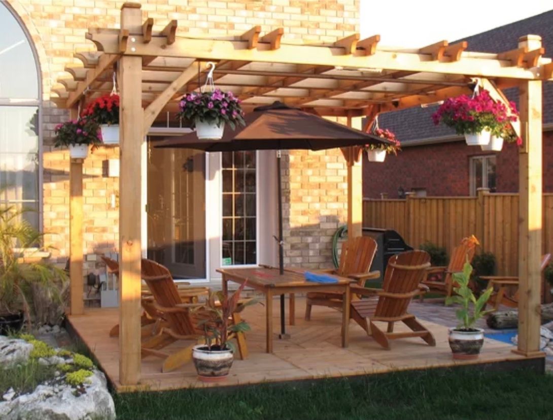 Backyard patio with wooden pergola, table, chairs, hanging flowers, and umbrella beside a brick house