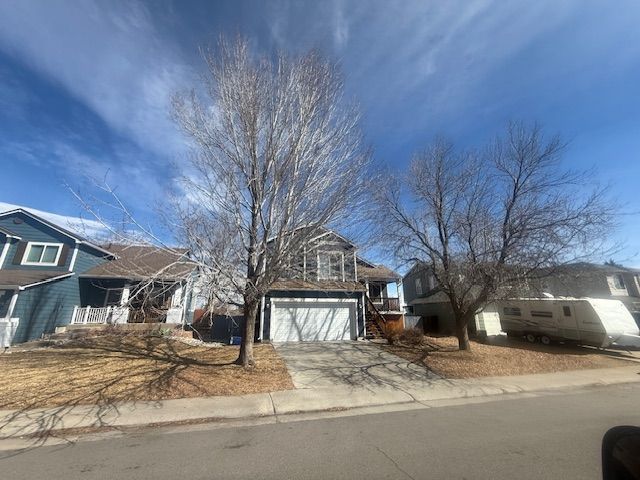 Suburban street view of three houses with leafless trees and a blue sky