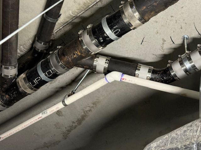 Exposed ceiling plumbing with insulated black pipes and a white PVC pipe crossing beneath them