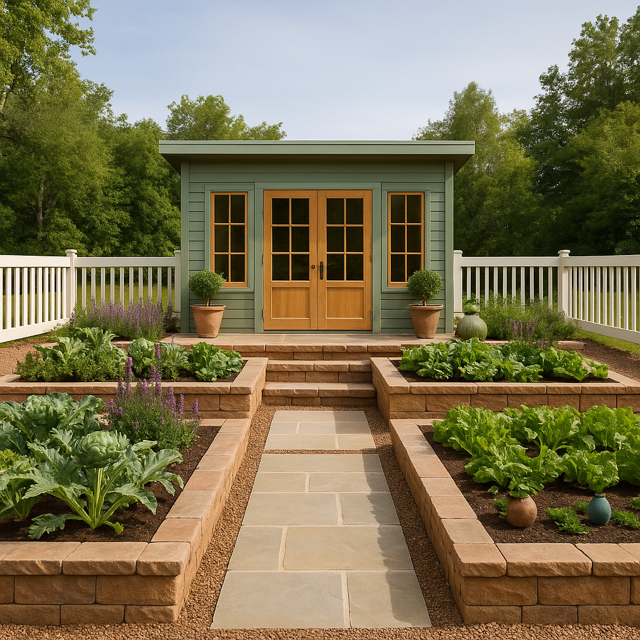 Symmetrical garden path leading to a small green shed with wooden doors, bordered by raised flower beds.