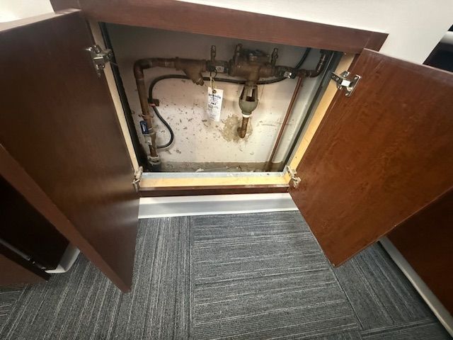 Open cabinet under sink with exposed plumbing and worn interior above gray carpet tile floor