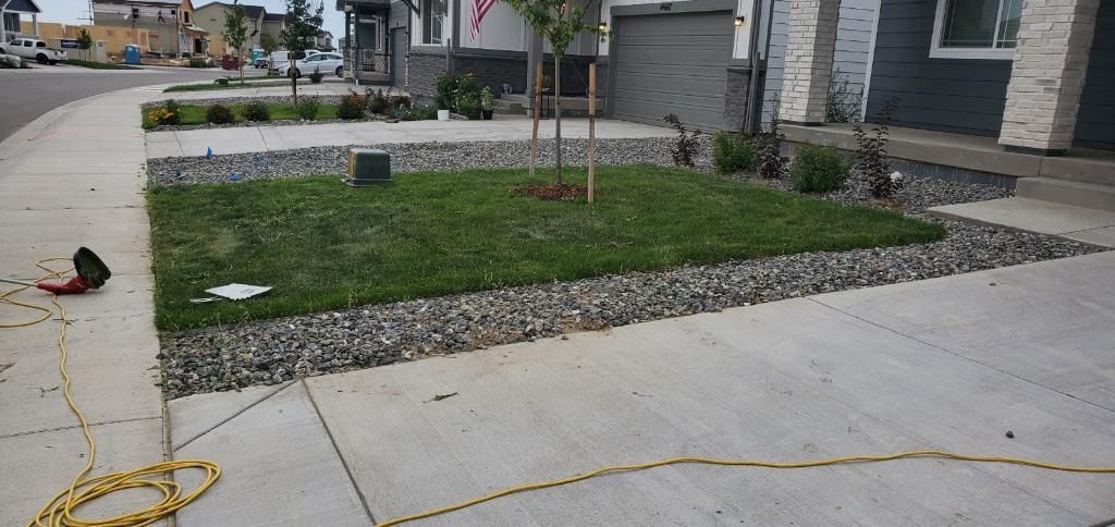 Front yard with grass and gravel beds beside a house, with a hose lying across the sidewalk and driveway.