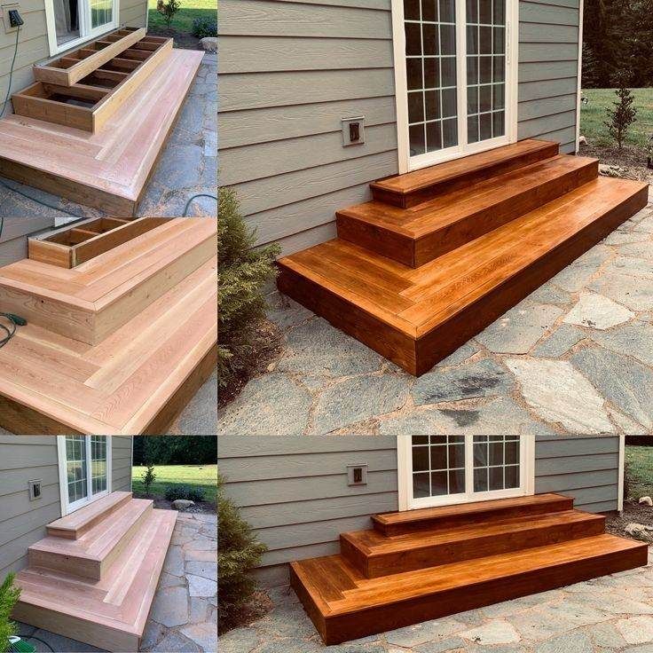 Wooden steps and platform deck beside a house, shown in two views with a stained finish