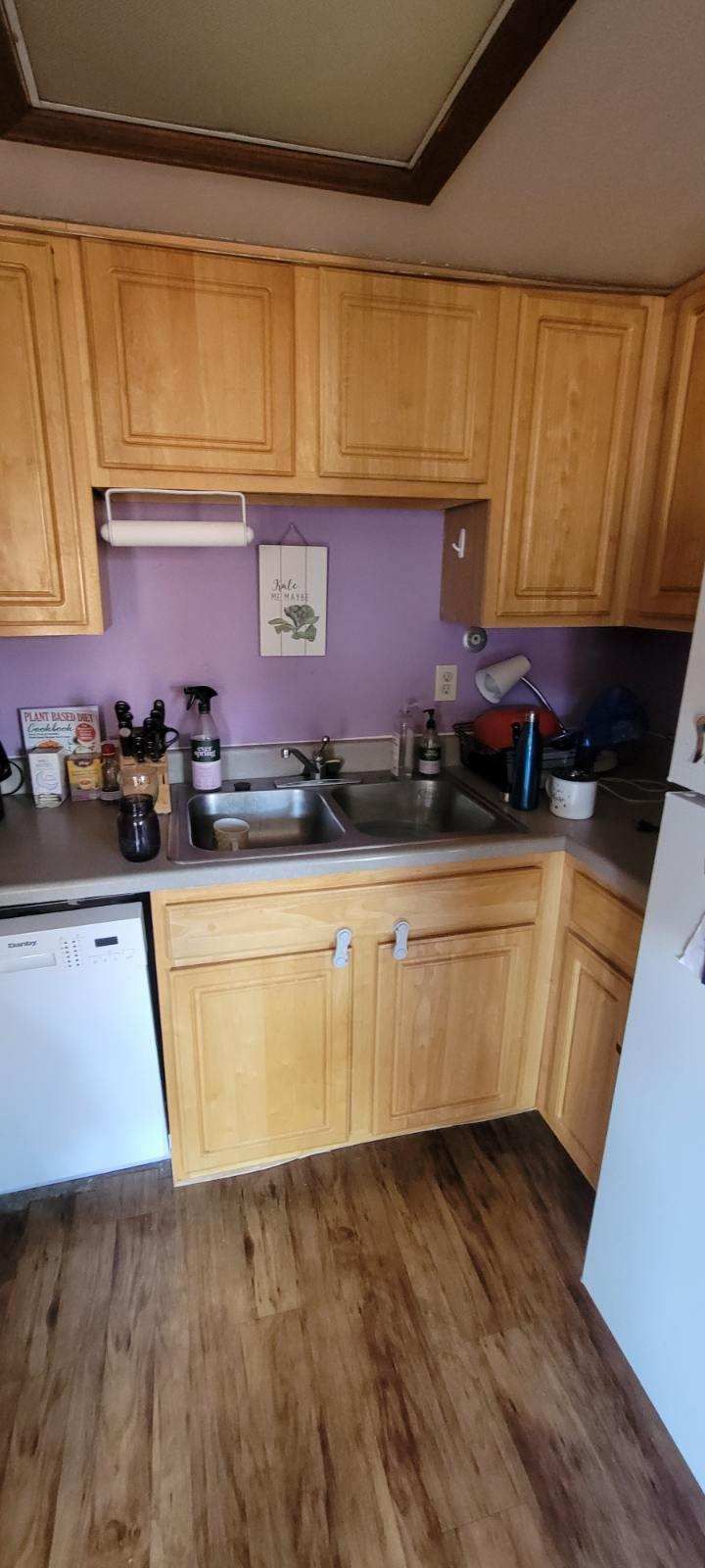 Small kitchen with wooden cabinets, purple walls, sink, stove, and dishwasher.