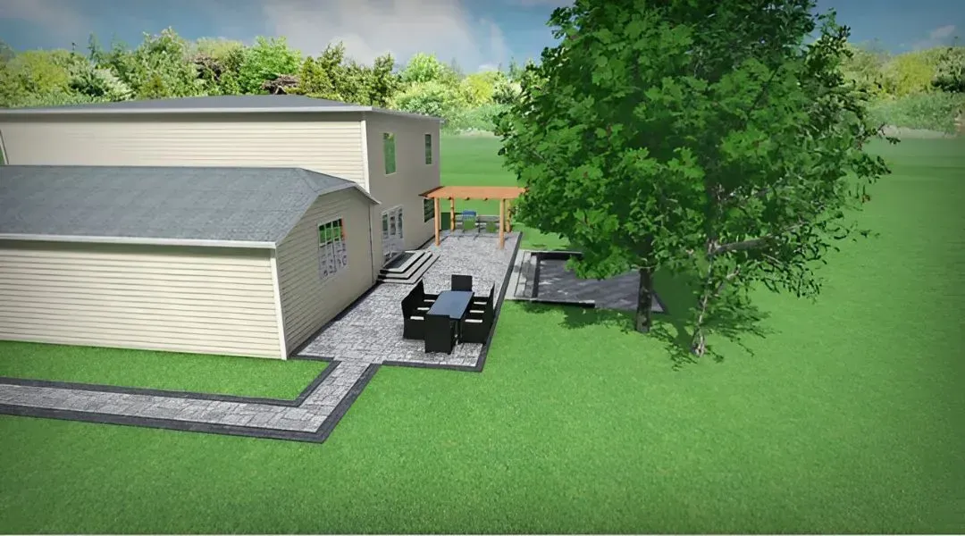 Suburban house with stone patio, outdoor dining set, and large green trees in a sunny yard