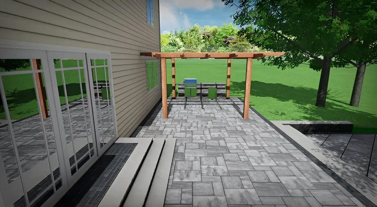 Patio with stone pavers, wooden pergola, outdoor dining table, and sliding glass doors beside a house