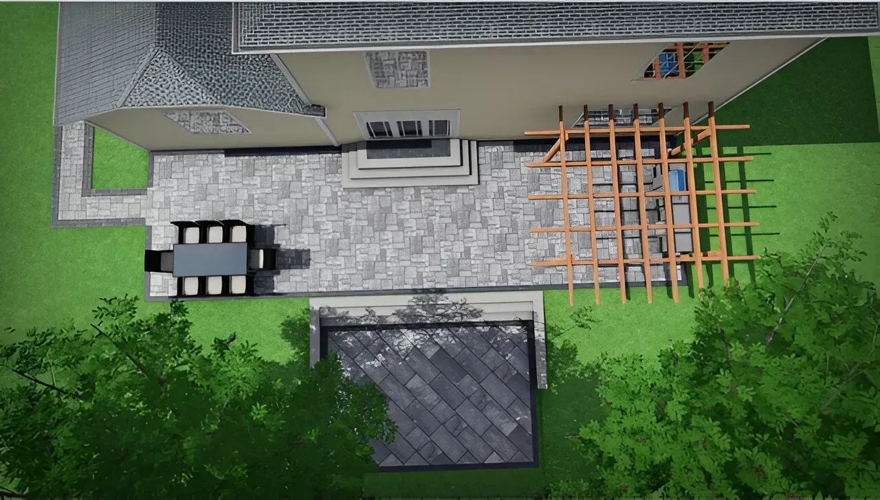 Top-down view of a gray building courtyard with stone path, benches, orange trellis, and green trees below.