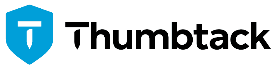 Thumbtack logo with blue shield icon and black text