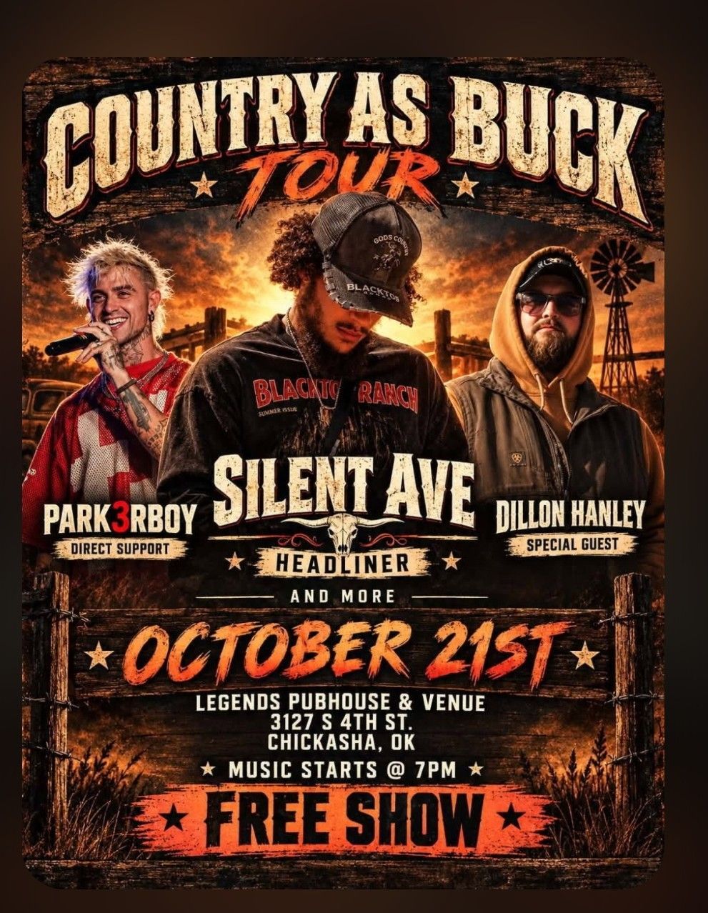 Country As Buck Tour poster with Silent Ave, October 21st, free show at Legends Pubhouse & Venue