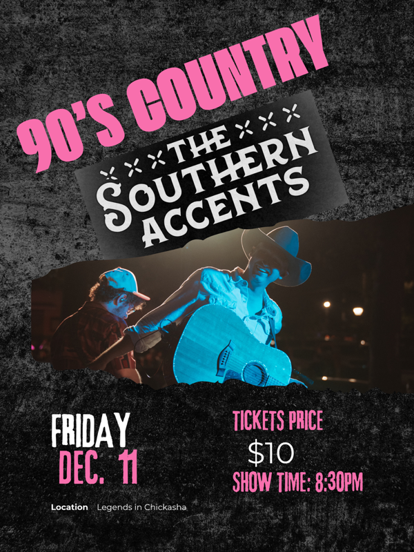 90s country concert poster for The Southern Accents with live band photo, Friday October 18, tickets $10, show 8:30 PM