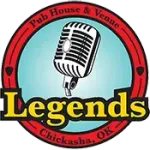 Legends pub house and venue logo with red ring, yellow text, and a vintage microphone in Chickasha, OK