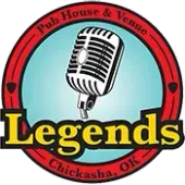 Legends pub house and venue logo with red ring, yellow text, and a vintage microphone in Chickasha, OK