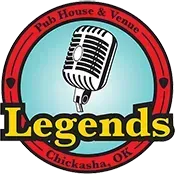 Legends pub house and venue logo with a vintage microphone on a red ring, yellow text, Chickasha, OK