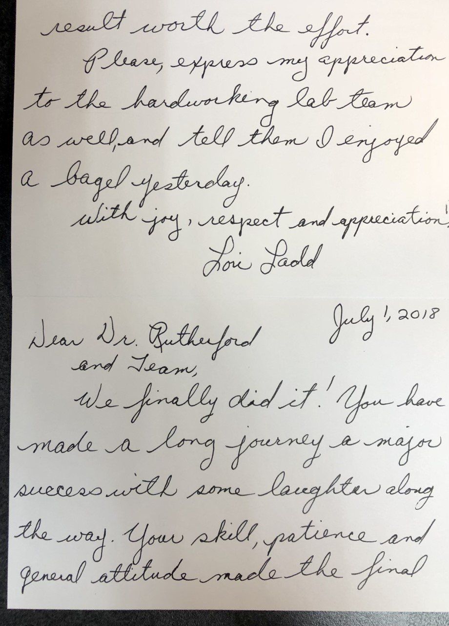 Handwritten letter expressing appreciation to a lab team and Dr. Rutherford for their efforts.