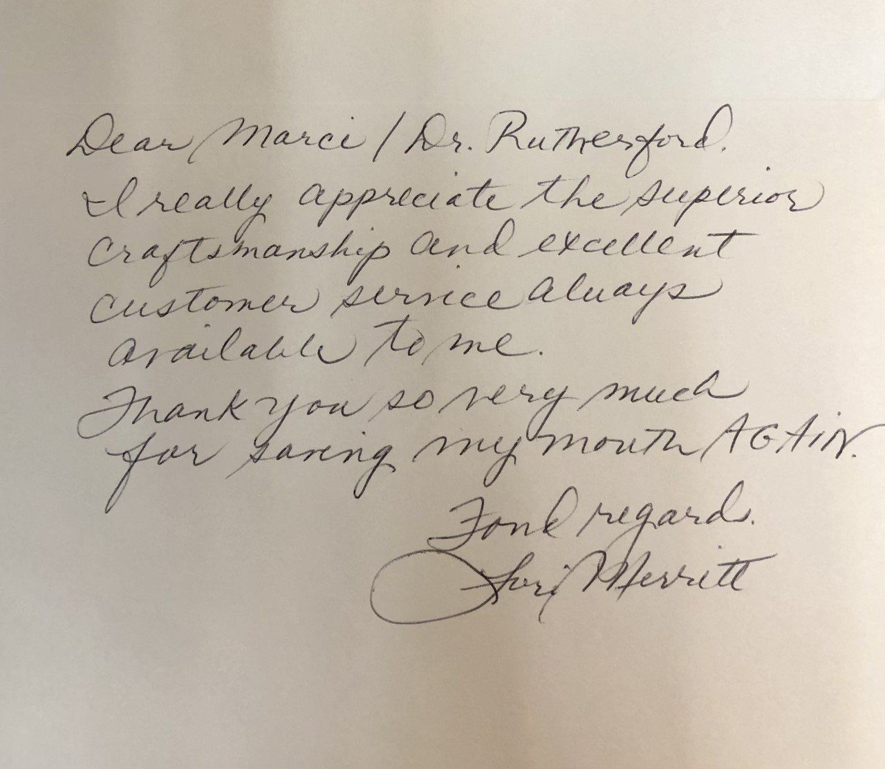 Handwritten thank you note to Marci/Dr. Rutherford, praising craftsmanship and customer service. Signed 