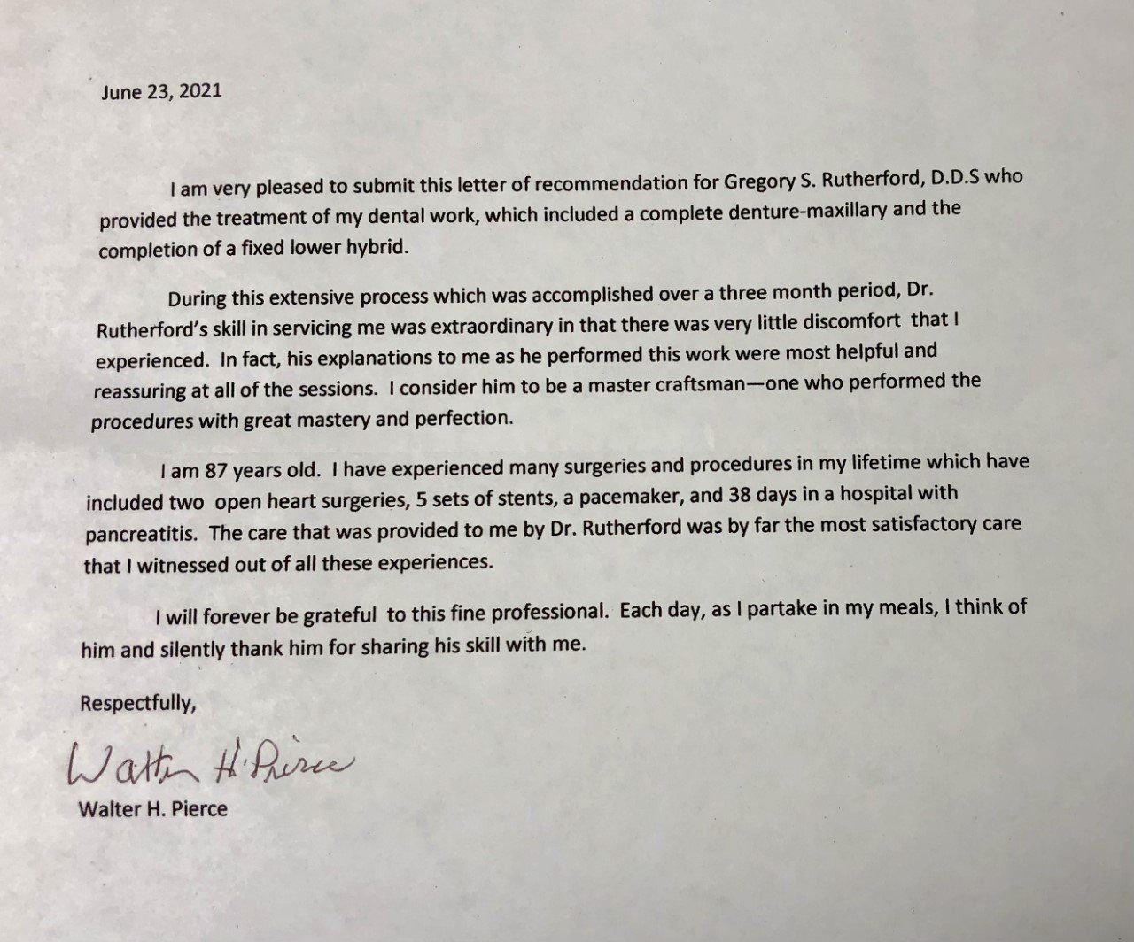 Letter of recommendation for Dr. Gregory Rutherford, describing the excellent dental work and the author's satisfaction.