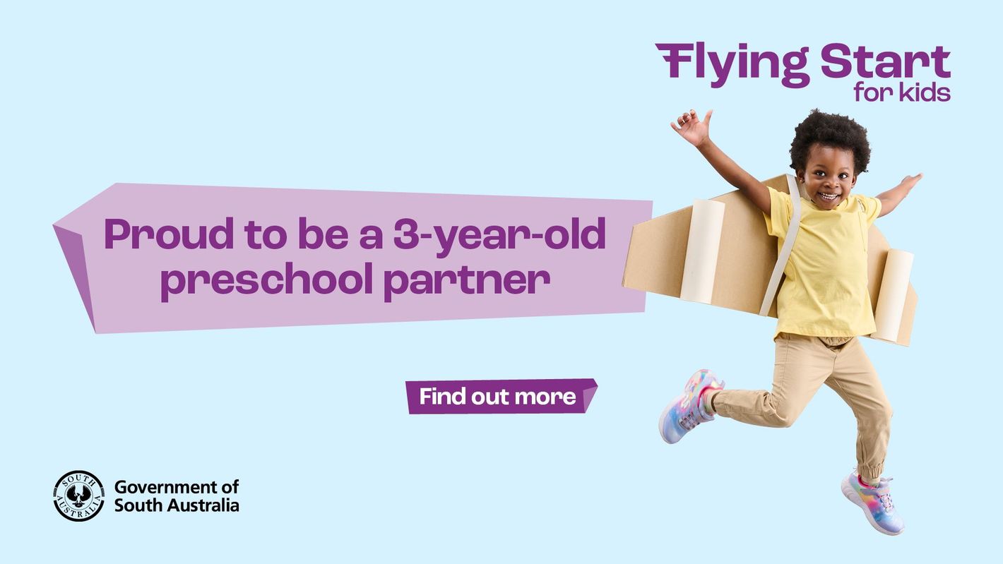 Flying Start for kids banner with child jumping, “Proud to be a 3-year-old preschool partner” and “Find out more” button