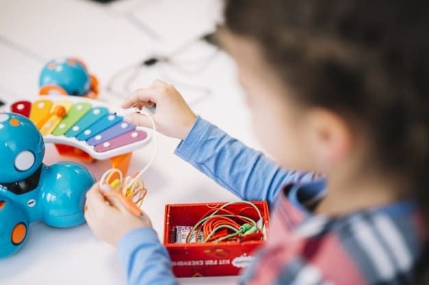 A little girl is playing with a toy robot and a xylophone.