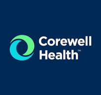 The corewell health logo is on a blue background.