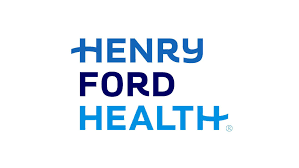 The henry ford health logo is blue and black on a white background.