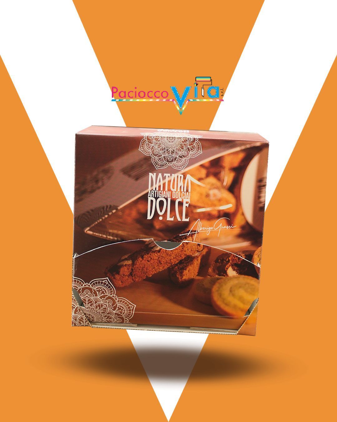 Confezione di dessert al cioccolato su sfondo geometrico arancione e bianco