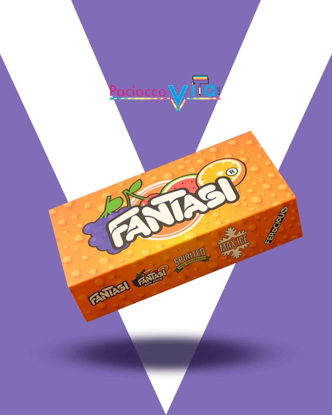Scatola di caramelle Fantasi all'arancia con grafiche di frutta che fluttuano su uno sfondo viola e bianco
